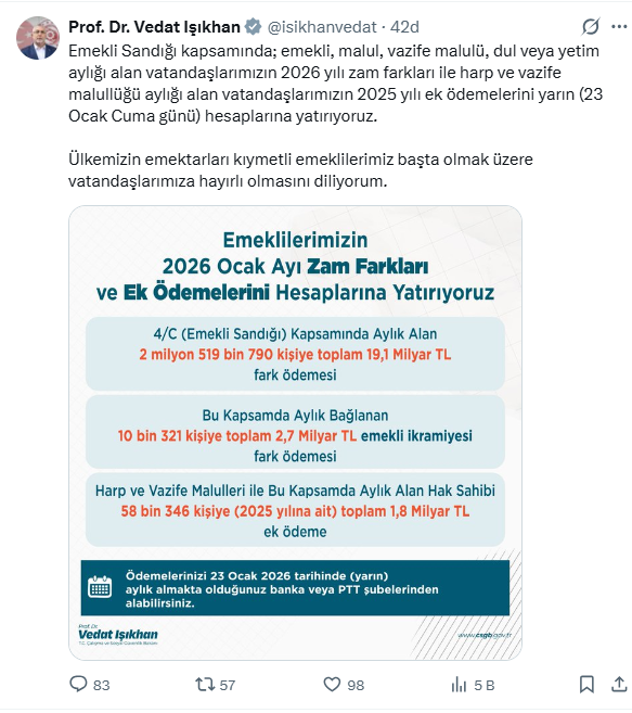 Son Dakika... Bakan Işıkhan : Emekli zam farkları yarın hesaplar yatırılacak - Resim : 1