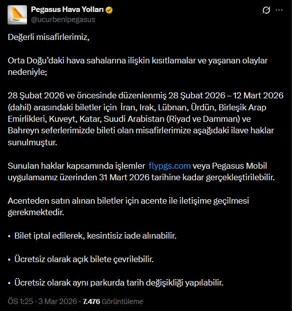 Bakanlık 6 Mart’a kadar uçuşları iptal etti: Pegasus’tan yolculara ek hak açıklaması - Resim : 1