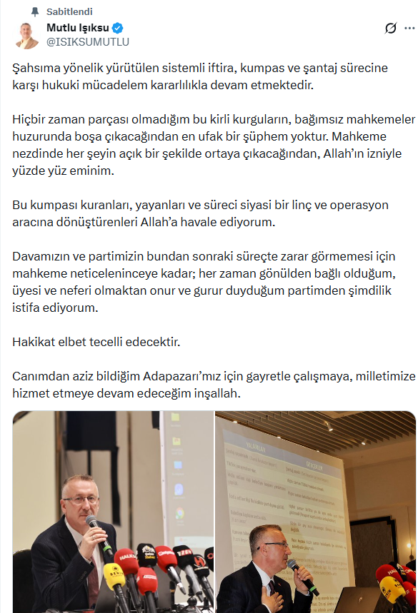 AKP'li Adapazarı Belediye Başkanı Mutlu Işıksu, partisinden istifa etti - Resim : 1