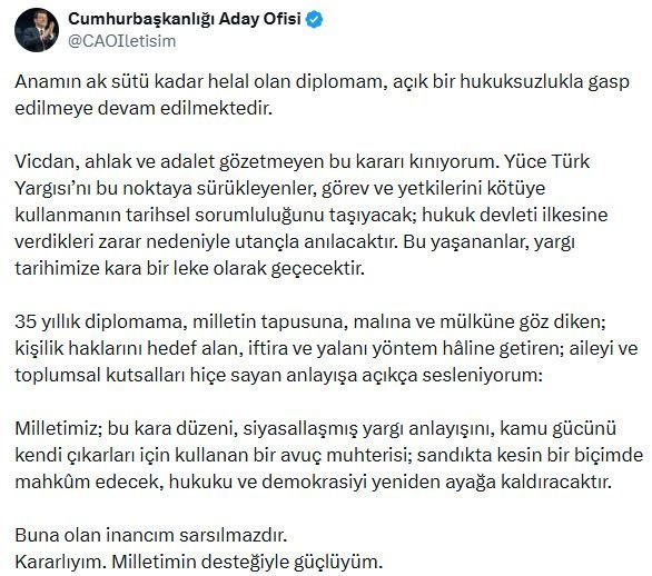 Diploma davası kararı sonrasında İmamoğlu'ndan ilk tepki geldi - Resim : 1