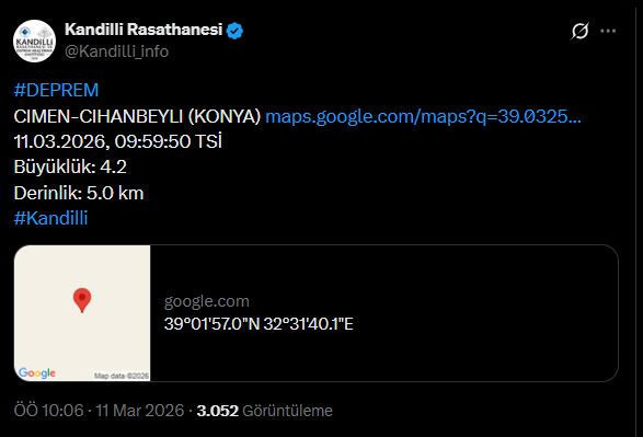 Denizli'den sonra bu kez Konya: 4,2 büyüklüğünde deprem (11 Mart 2026) - Resim : 1