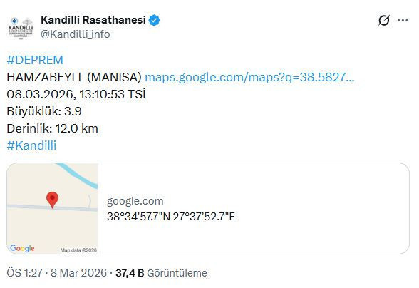 Manisa'da 3.9 büyüklüğünde deprem (8 Mart 2026) - Resim : 2