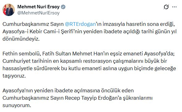 Bakan Ersoy'dan Ayasofya paylaşımı - Resim : 1