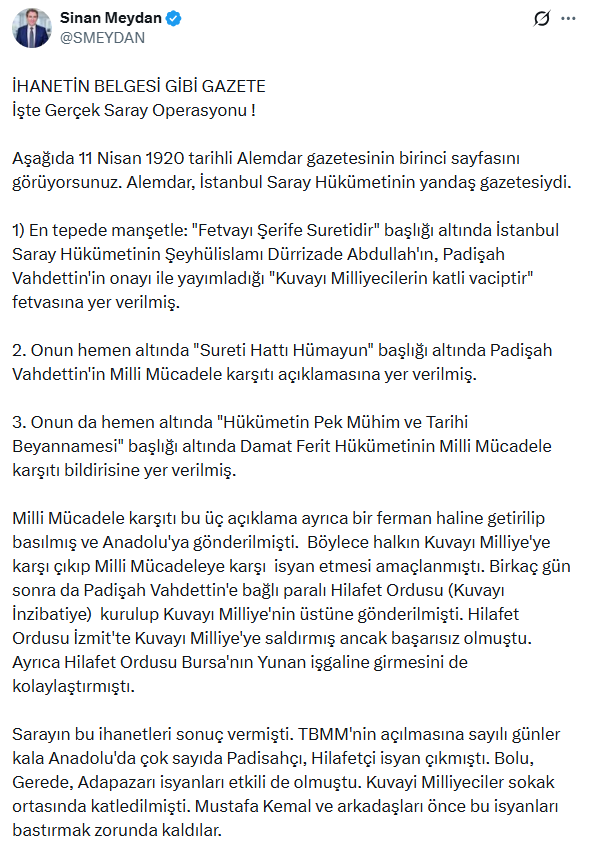 Tarihçi Sinan Meydan ihanetin belgesini açıkladı: Kurtuluş Savaşı sadece işgalcilere karşı değil yerli işbirlikçilere karşı da kazanıldı - Resim : 1