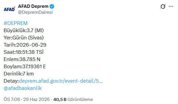 Sivas'ta deprem (29 Haziran 2026) - Resim : 1