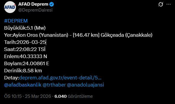 Çanakkale açıklarında deprem (25.03.2026) - Resim : 1