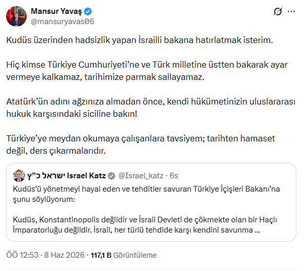 İsrailli bakan Türkiye'yi hedef aldı Mansur Yavaş'tan tokat gibi yanıt geldi: Kimse bu millete ayar veremez - Resim : 2