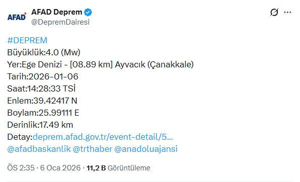 Çanakkale'de deprem (6 Ocak 2025) - Resim : 1