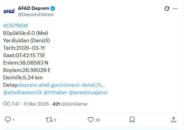 Denizli'de bir deprem daha (11 Mart 2026) - Resim : 1