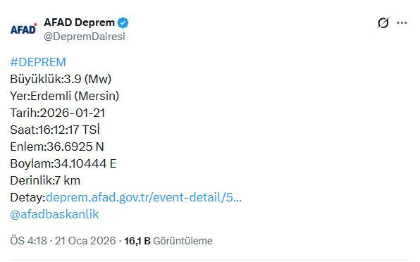 Mersin'de 3.9 büyüklüğünde deprem (21 Ocak 2026) - Resim : 2