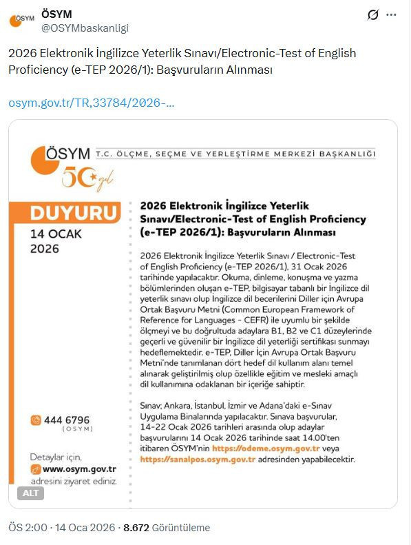 ÖSYM duyurdu: Elektronik İngilizce Yeterlik Sınavı başvuruları başladı - Resim : 1
