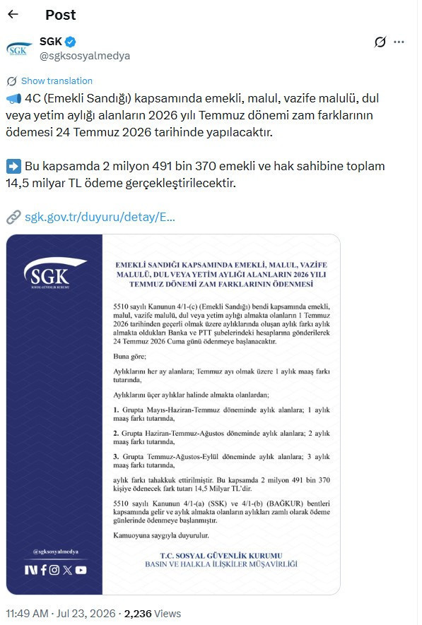 SGK açıkladı: Emekli maaşlarında zam farkının yatacağı tarih belli oldu - Resim : 1