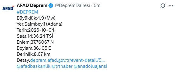 Adana ve Osmaniye'de peş peşe depremler (4 Ekim 2026) - Resim : 3