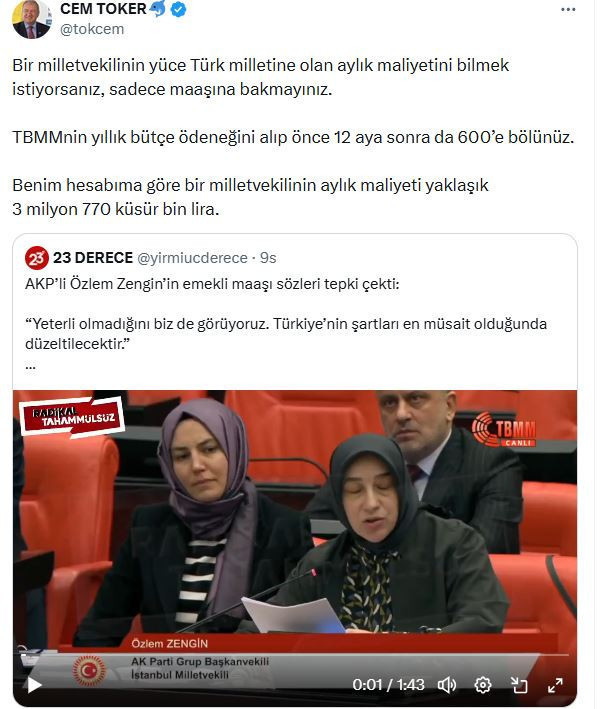 Cem Toker'den Özlem Zengin'e: Milletvekilinin aylık maliyeti yaklaşık 3 milyon 770 küsur bin lira - Resim : 1