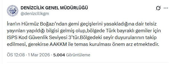 Hürmüz Boğazı krizi: Denizcilik Genel Müdürlüğü güvenlik seviyesini 3'e çıkardı - Resim : 1