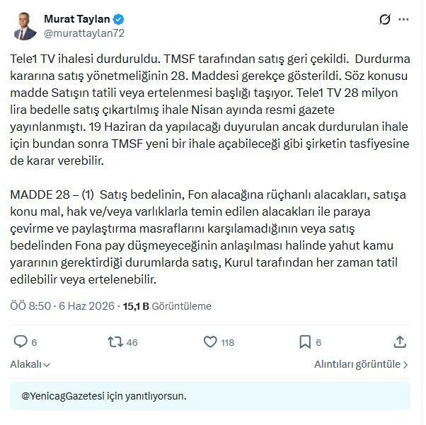 TMSF’den TELE1 kararı: Satışı durduruldu - Resim : 1