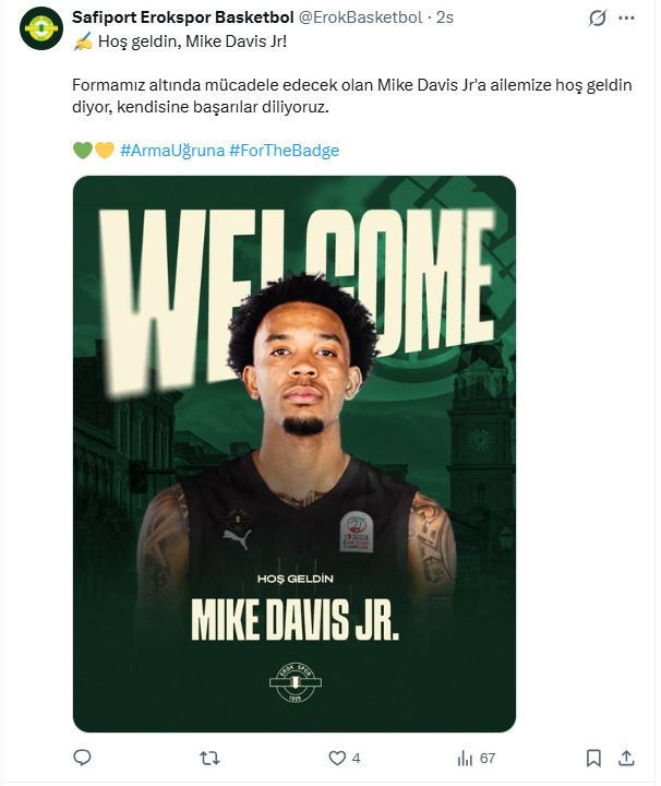 Safiport Erokspor ABD'li oyuncu Mike Davis'i kadrosuna kattı - Resim : 1