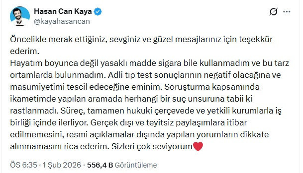 Hasan Can Kaya'dan ilk a&ccedil;ıklama: 'Hayatım boyunca değil yasaklı madde, sigara bile kullanmadım' - Resim : 1