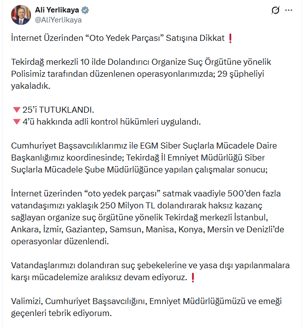 Ali Yerlikaya açıkladı: 250 Milyon liralık vurgun yapan suç örgütüne operasyon - Resim : 1