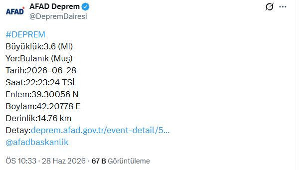 Muş'ta deprem (28 Haziran 2026) - Resim : 1