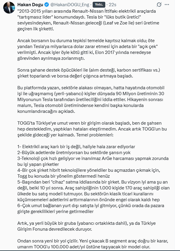 Togg i&ccedil;in duayen yorumu: Zararlar b&uuml;y&uuml;yor, devir zamanı geldi - Resim : 1