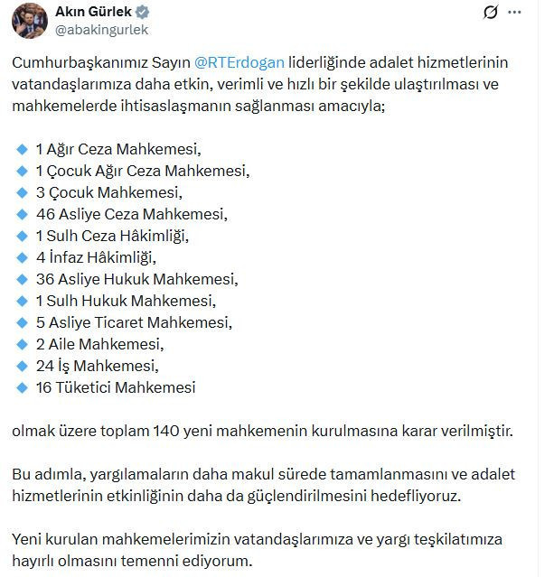 Akın Gürlek açıkladı: 140 yeni mahkeme kurulacak - Resim : 1