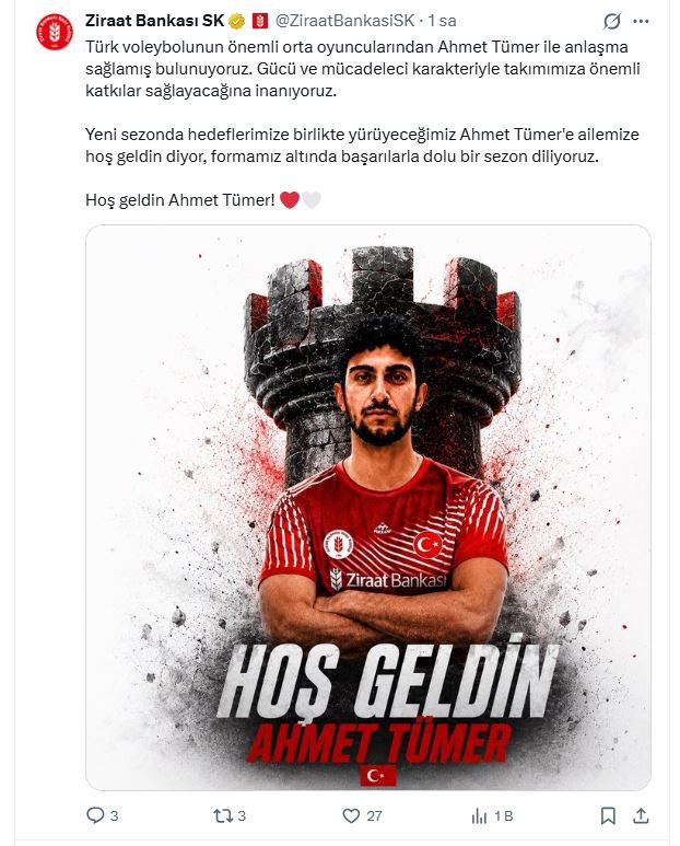 Ziraat Bankkart Voleybol Takımı, Ahmet Tümer'i renklerine bağladı - Resim : 1