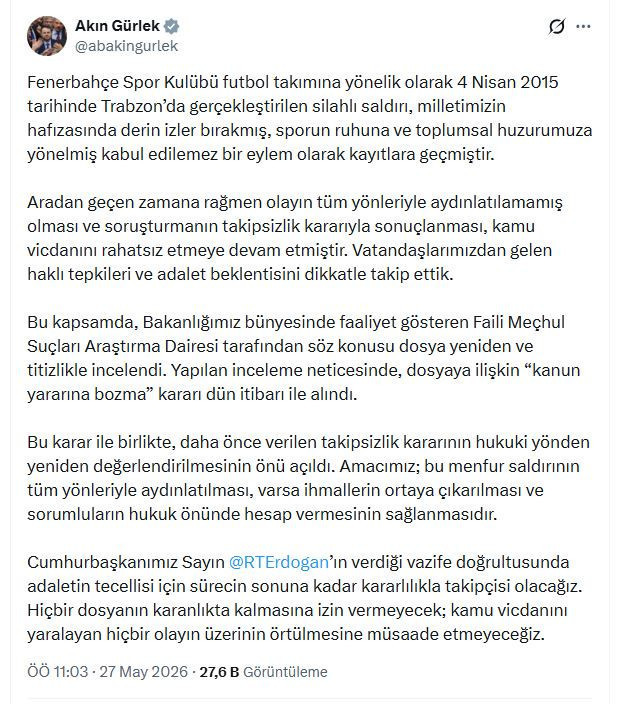 Fenerbahçe'ye saldırı dosyası yeniden açıldı: Bakan Gürlek açıkladı - Resim : 1
