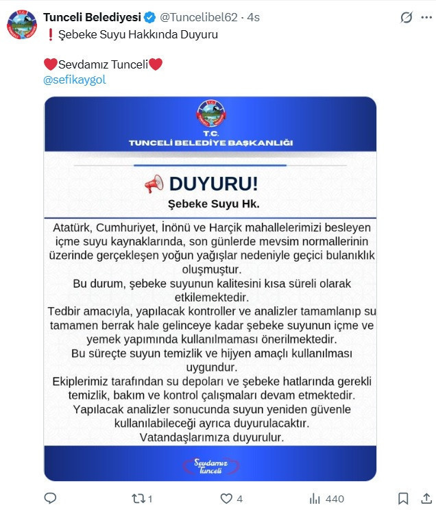 Tunceli Belediyesi'nden şebeke suyu uyarısı: İçmeyin, yemek yaparken kullanmayın - Resim : 1
