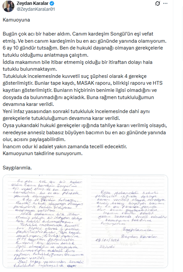 Zeydan Karalar aldığı acı haberi paylaştı: Tutuklu kalma nedenini b&ouml;yle anlattı - Resim : 1