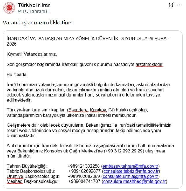 Tahran Büyükelçiliği’nden güvenlik uyarısı - Resim : 1