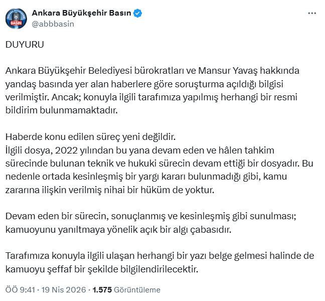 Mansur Yavaş’a bir soruşturma izni daha verilmesine ABB’den açıklama - Resim : 1