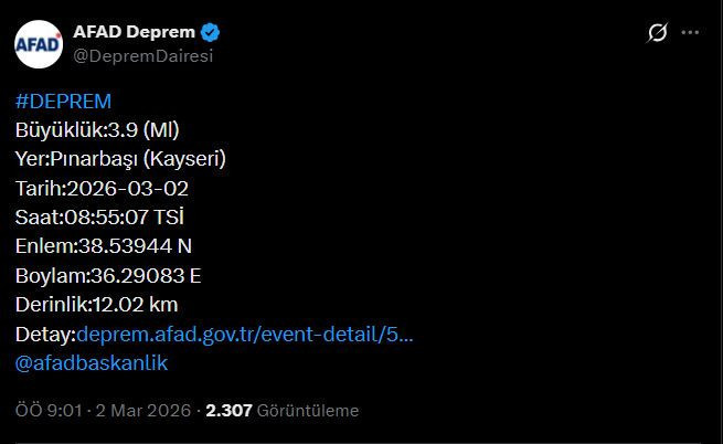 AFAD duyurdu: Kayseri'de deprem - Resim : 1