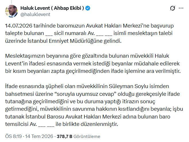 Haluk Levent ifade tutanağını paylaştı: Konuşmama izin vermediler: Dikkat çeken 'Soylu' detayı - Resim : 2