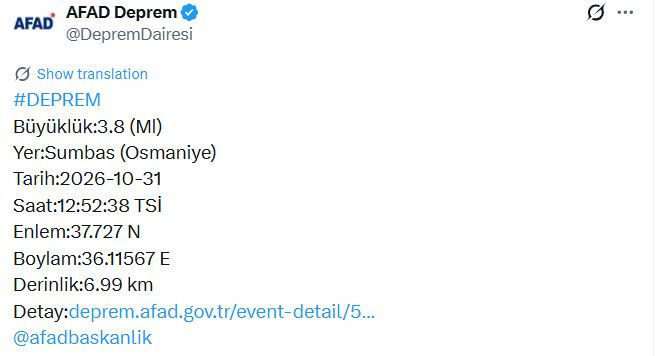 AFAD açıkladı: Osmaniye Sumbas'ta 3,8 büyüklüğünde deprem - Resim : 1