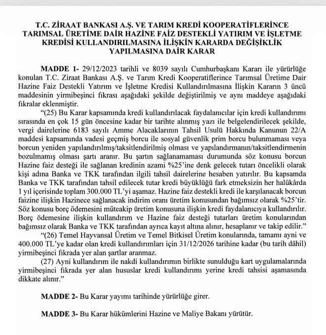 Ziraat Bankası kredilerinde yeni düzenleme: Resmi Gazete'de yayınlandı - Resim : 1