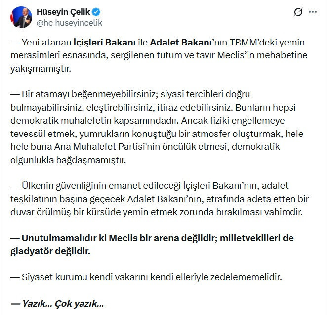 Hüseyin Çelik’ten TBMM’deki yemin törenine tepki: 'Meclis arena değildir' - Resim : 1