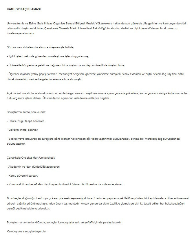 on sekiz mart üniversitesi açıklama