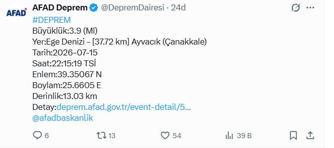 Çanakkale'de deprem (15 Temmuz 2026) - Resim : 1