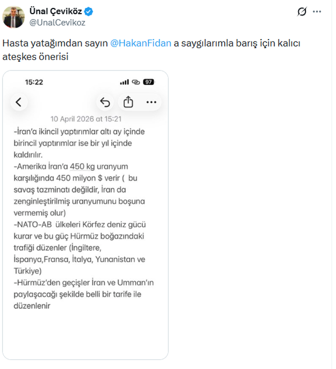 Ünal Çeviköz’den Hakan Fidan’a kalıcı ateşkes önerisi: 4 maddede sıraladı - Resim : 1