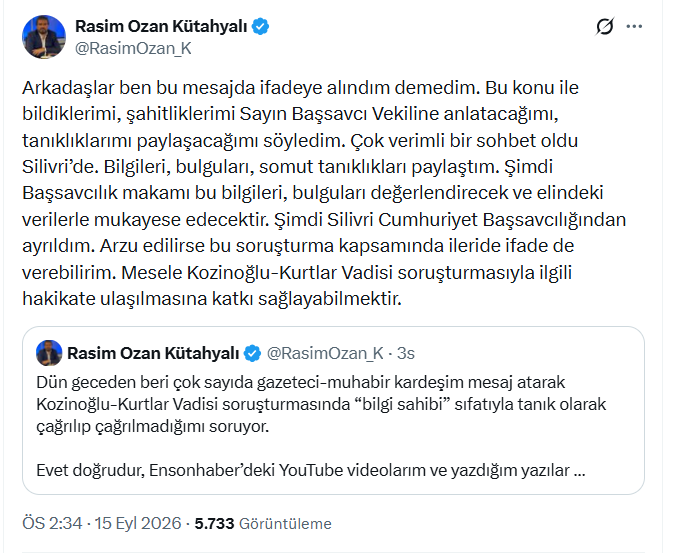 Rasim Ozan Kütahyalı’dan ‘ifade’ açıklaması: Kaşif Kozinoğlu soruşturmasında bildiklerimi anlattım - Resim : 2