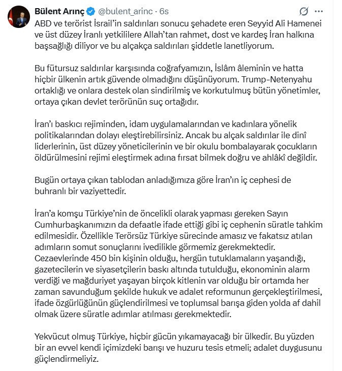 Arınç’tan Hamaney sonrası mesaj: Türkiye iç barışı sağlamalı - Resim : 1