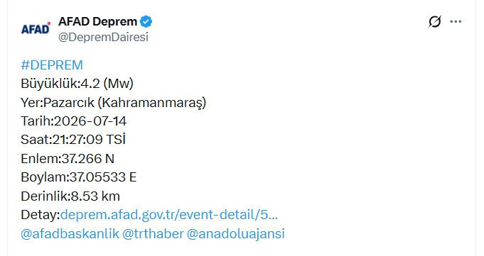 AFAD duyurdu: Kahramanmaraş'ta deprem (14 Temmuz 2026) - Resim : 1