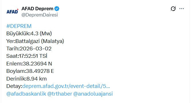 AFAD duyurdu: Malatya'da deprem - Resim : 1