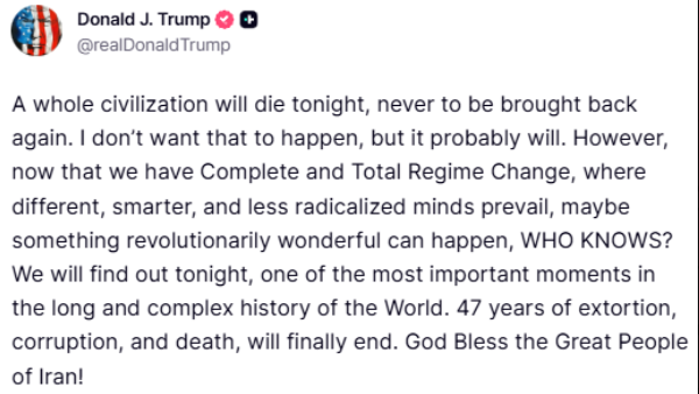 Trump İran’ı saat vererek tehdit etti: İran medeniyeti bu gece yok olacak - Resim : 1