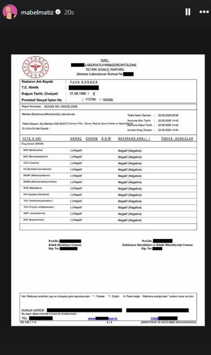 Uyuşturucu test sonucu pozitif çıkmıştı: Mabel Matiz’den iddialara karşı belgeli paylaşım - Resim : 1