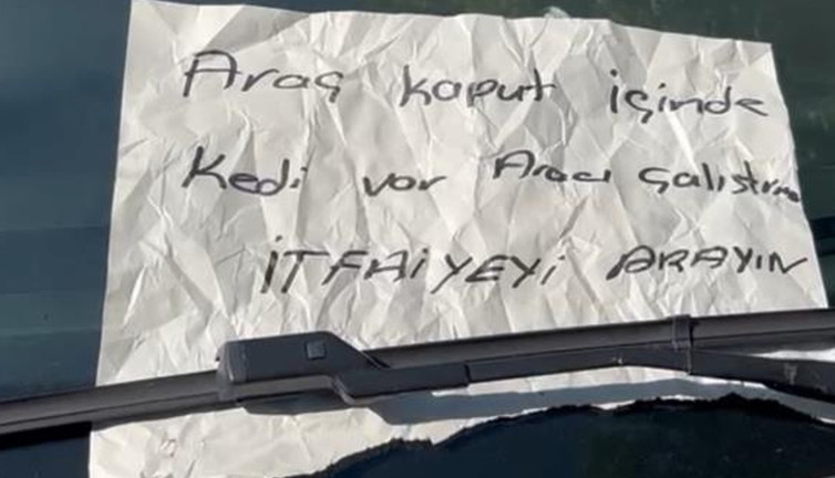 Burdur'da motor bölümüne sıkışan yavru kediyi camdaki uyarı notu kurtardı