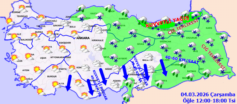 Meteoroloji tek tek uyardı: Sağanak, kar ve kuvvetli rüzgar alarmı (4 Mart Çarşamba) - Resim : 3