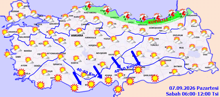 Meteoroloji duyurdu: Karadeniz'de yağış, Marmara ve Ege'de kuvvetli rüzgar (7 Eylül) - Resim : 1