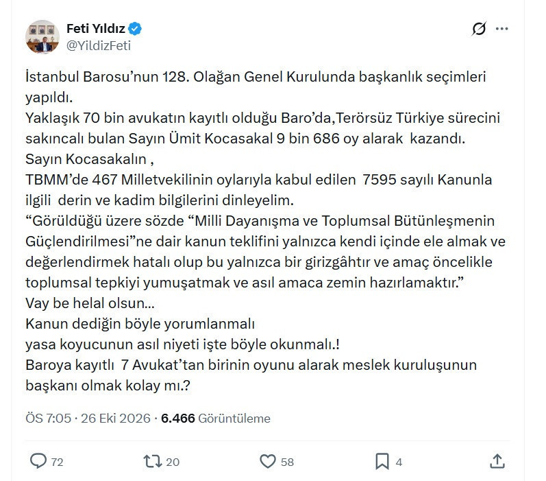 MHP'li Feti Yıldız'dan Ümit Kocasakal'a oy göndermesi: 7 avukattan birinin oyuyla başkan oldu - Resim : 1